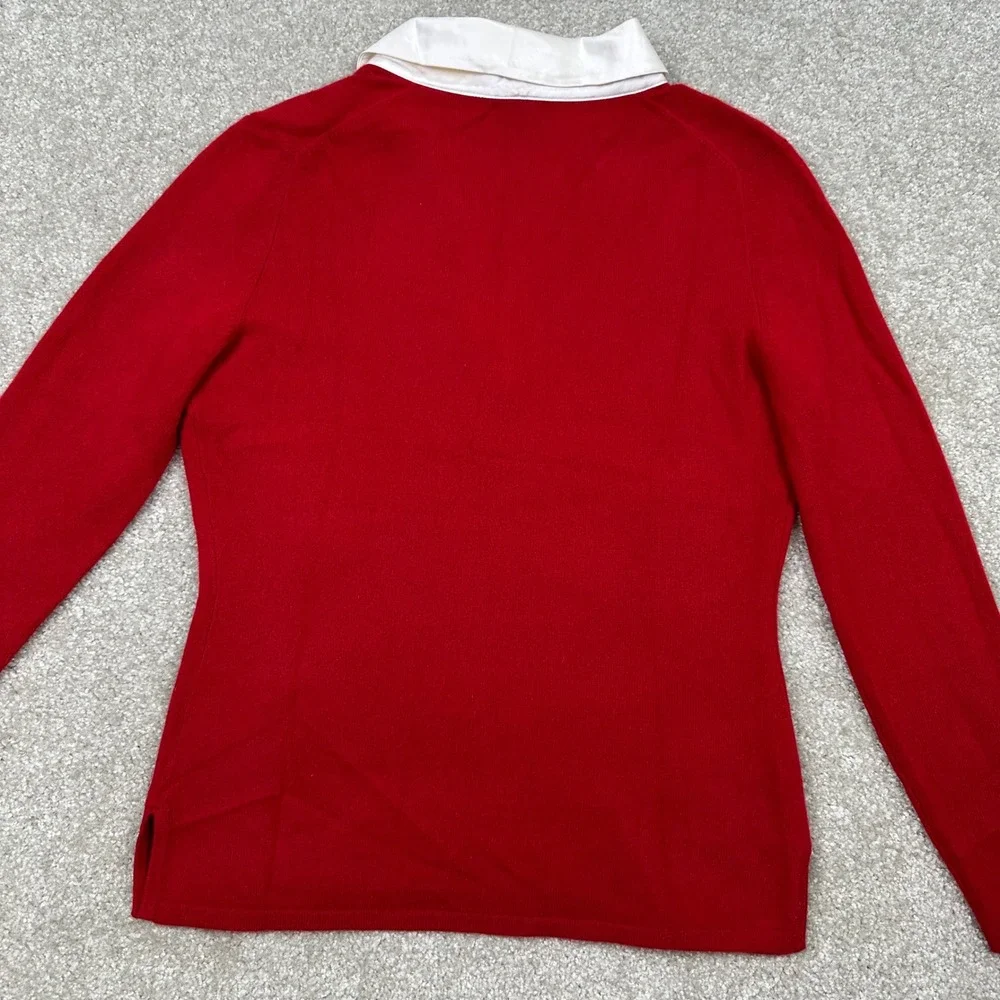 Prive Cashmere Red Silk Collar Sweater Rhinestone Button Cuff Polo Pullover M